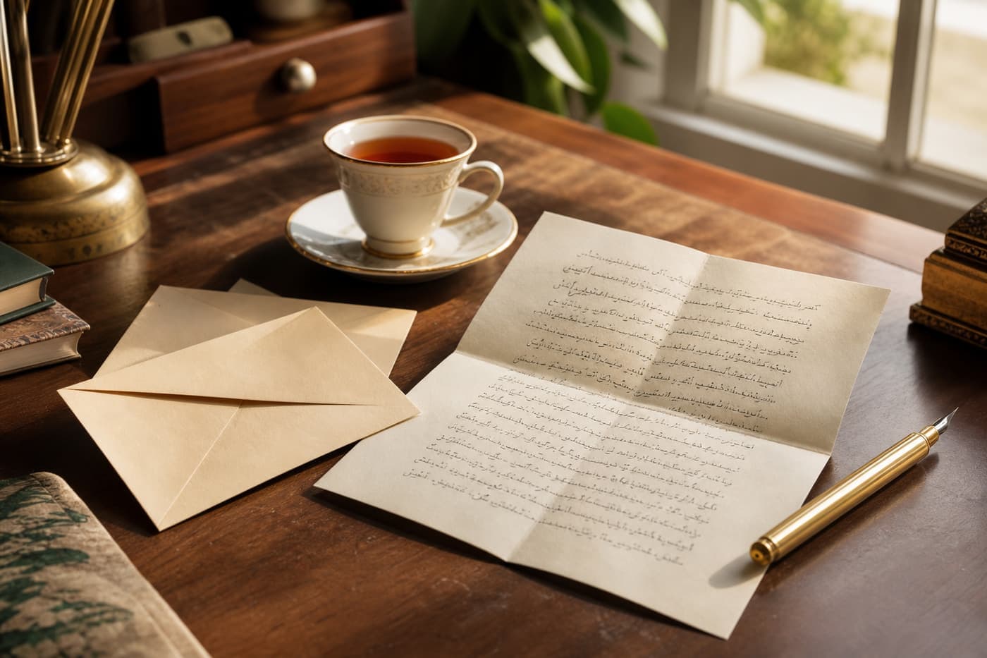 مكتب كتابة ورسالة وشاي في ضوء الصباح