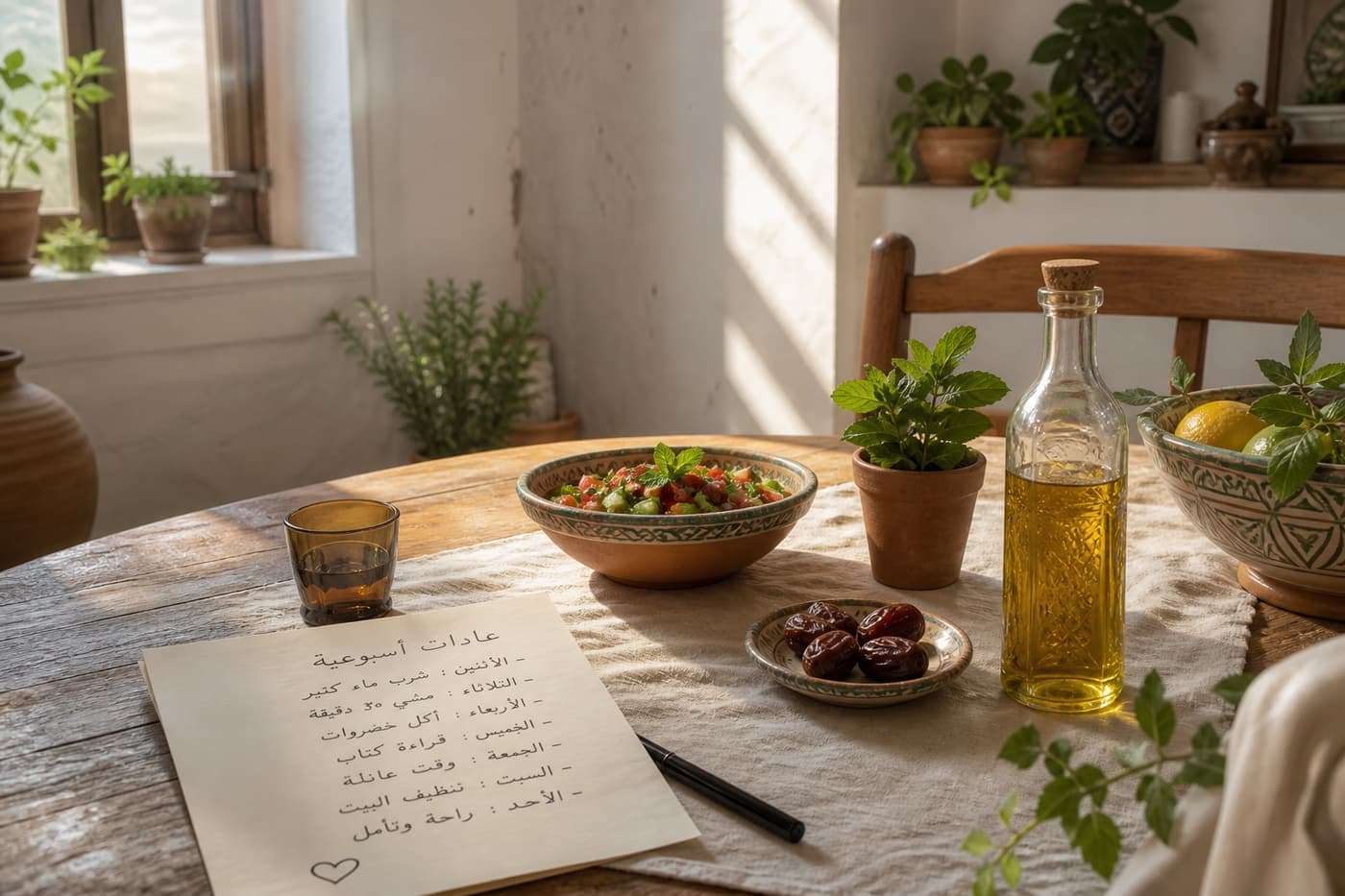 طاولة بيت فيها زيت زيتون وتمر وخطة عادات مكتوبة