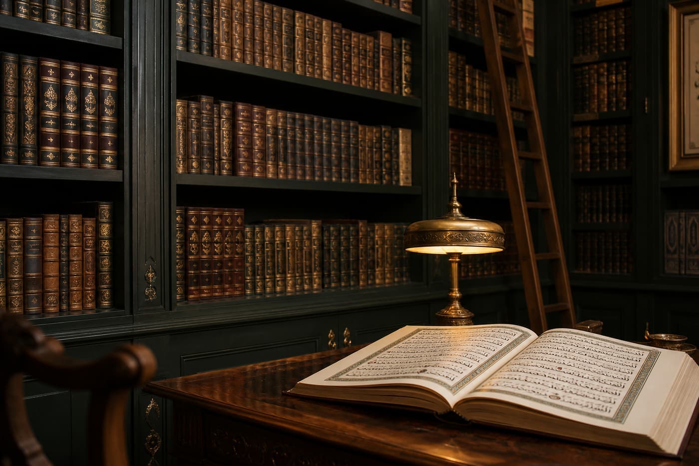 ركن مكتبة هادئ وكتب ومخطوطة مفتوحة